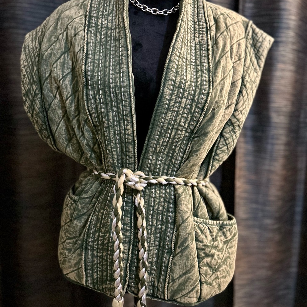 Free People Olive Green Quilted Braided-Belt Vest